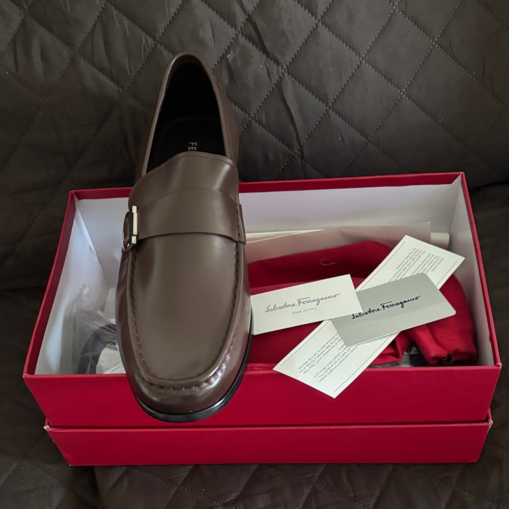 Salvatore Ferragamo Taupe Leather Slip-Ons